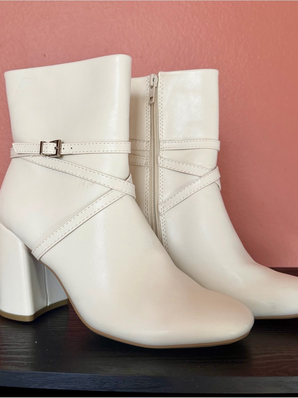 Women’s Cream Ankle Boots with Wrap Strap